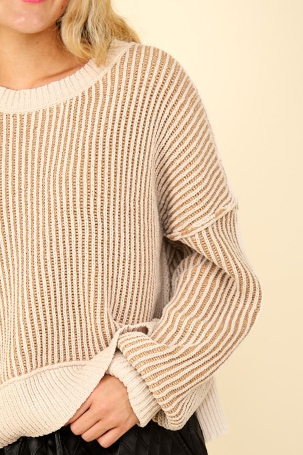 Hazel Blues® |  VERY J Exposed Seam Cropped Striped Slit Sweater