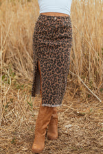 Hazel Blues® |  Brown Leopard Denim Frayed Split Denim Midi Skirt