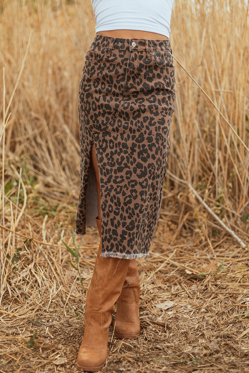 Hazel Blues® |  Brown Leopard Denim Frayed Split Denim Midi Skirt