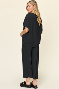 Hazel Blues® |  Double Take Texture Round Neck Short Sleeve T-Shirt and Wide Leg Pants