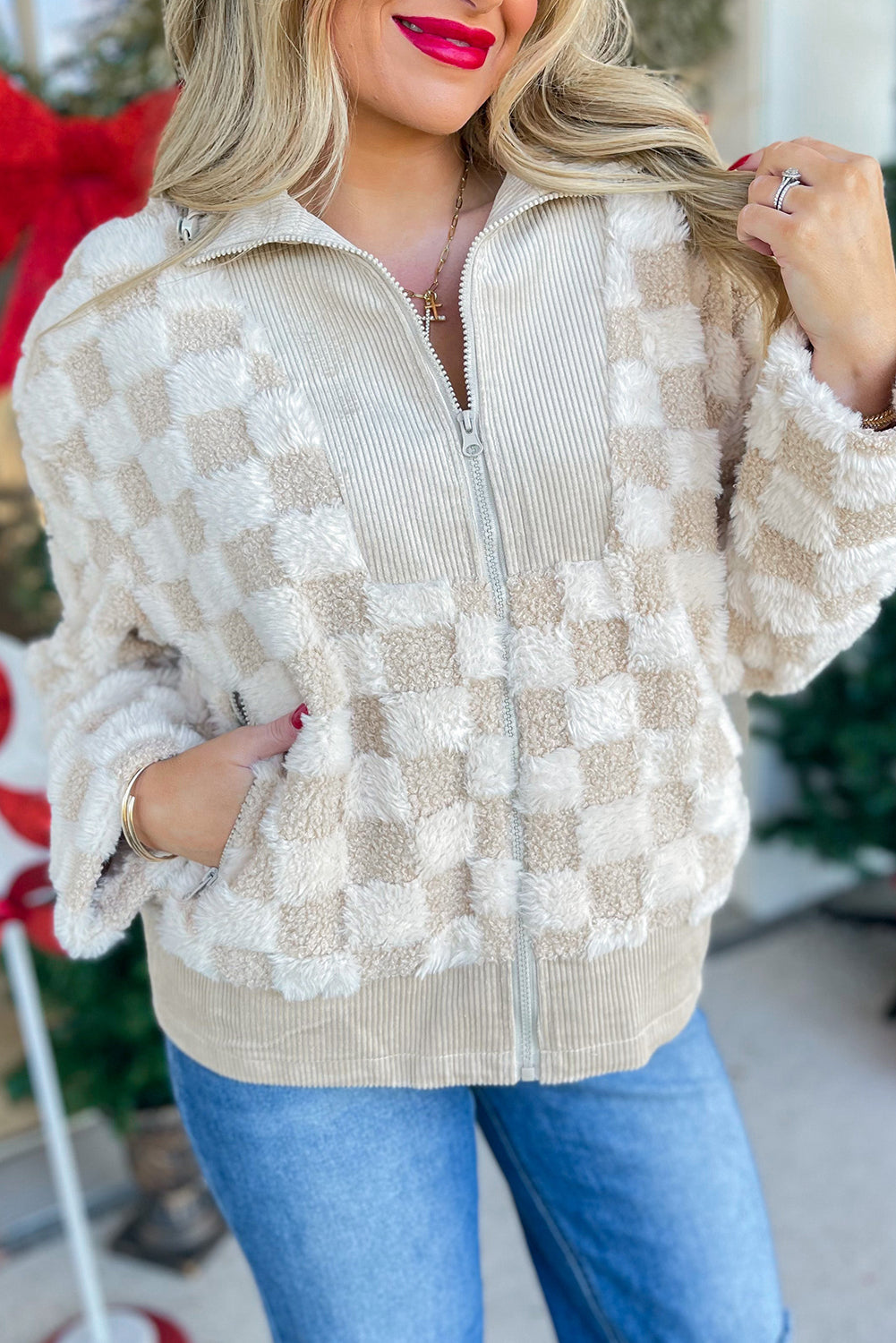 Hazel Blues® |  Khaki Checker Sherpa Corduroy Patchwork Zip up Collared Jacket