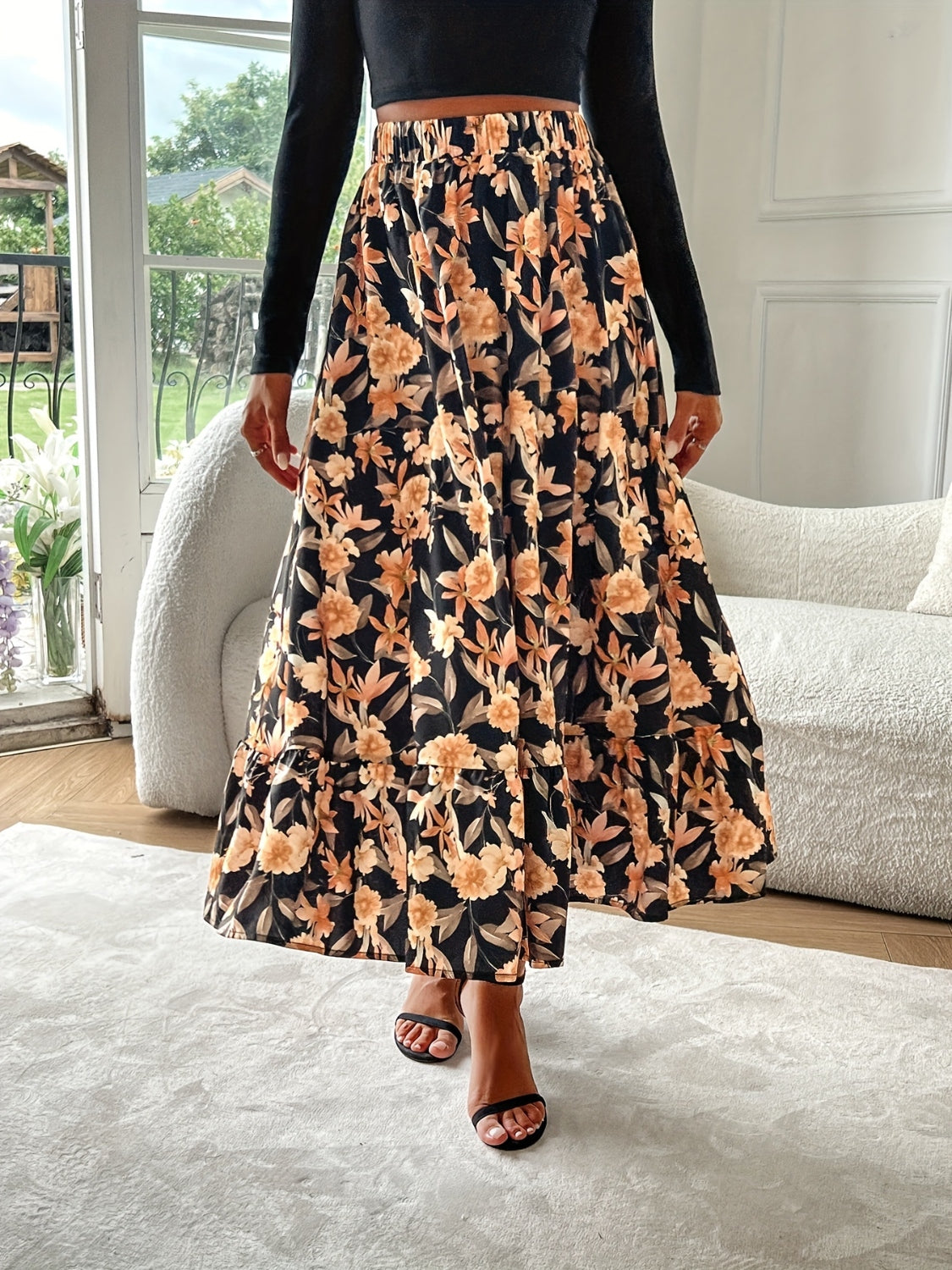 Hazel Blues® |  Floral Elastic Waist Midi Skirt