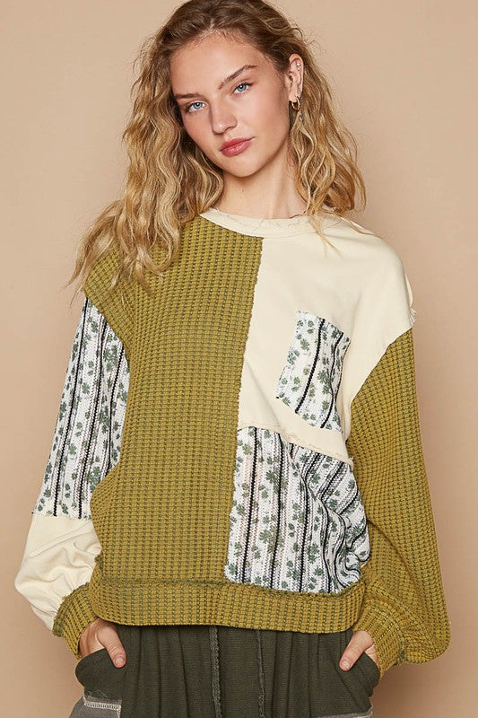 Hazel Blues® |  POL Exposed Seam Floral Patch Color Block Round Neck Sweatshirt