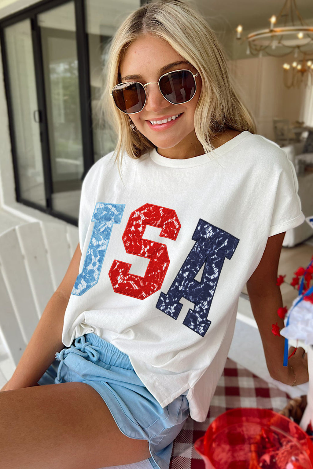 White USA Color-Block Letter Printed Dolman Tee