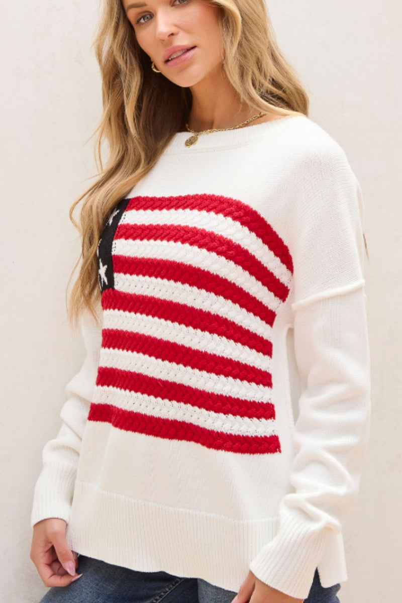 Hazel Blues® |  US Flag Side Slit Drop Shoulder Sweater