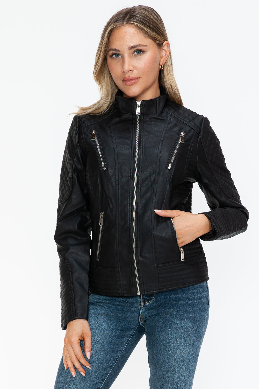 Hazel Blues® |  Snobbish Faux Leather Zip Up Mock Neck Jacket