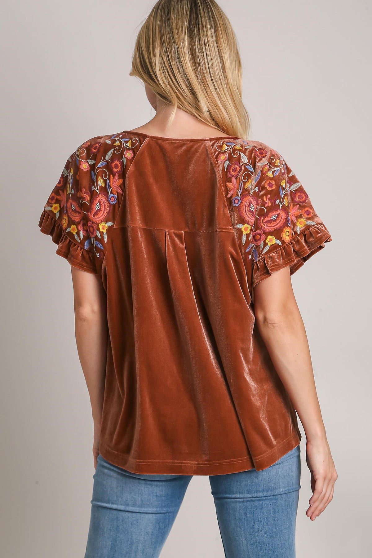 Hazel Blues® |  Umgee Velvet Embroidery Short Sleeve Blouse