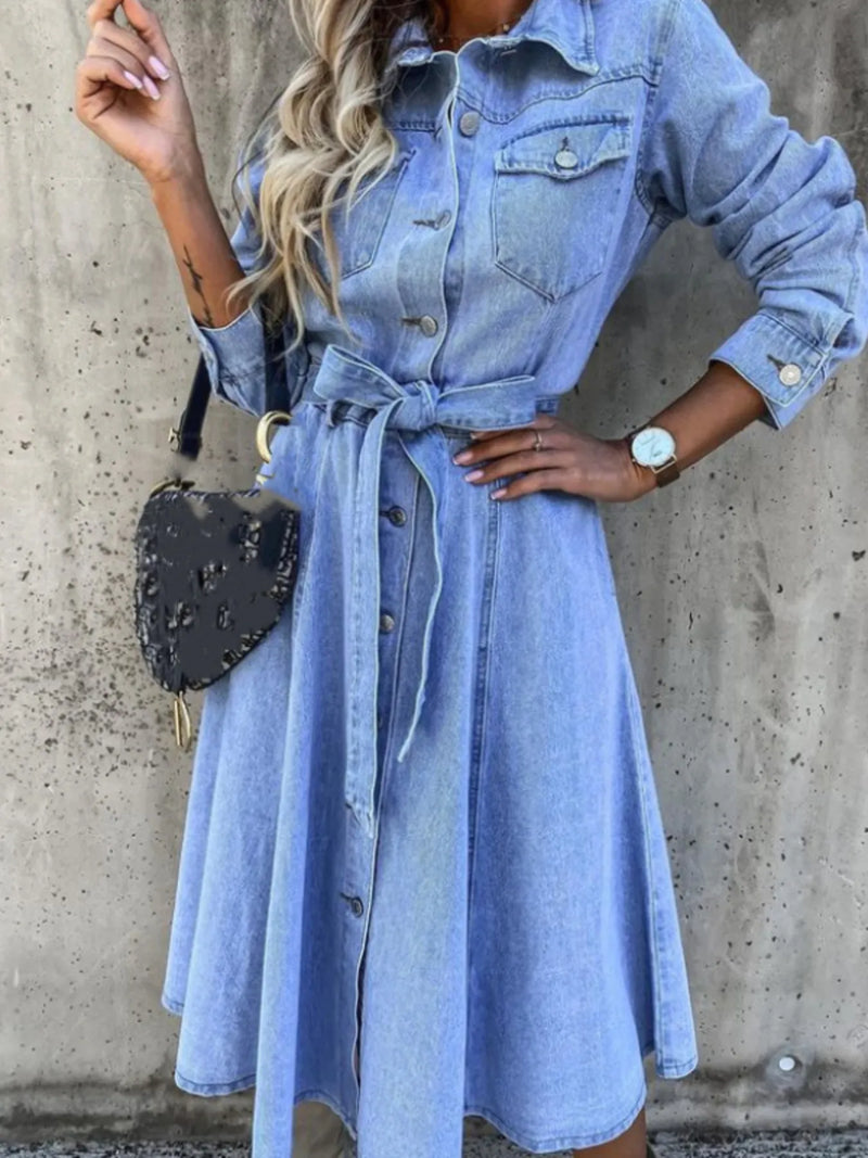 Tie Waist Button-Front Denim Shirt Dress