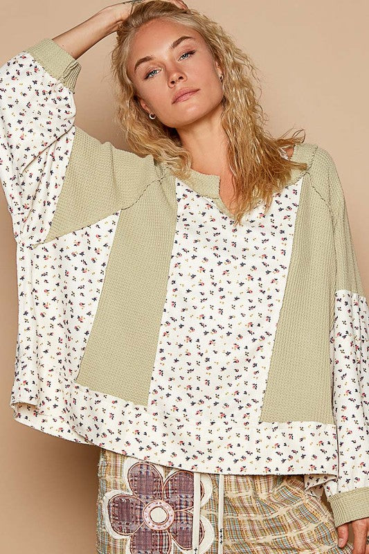 Hazel Blues® |  POL Waffle Knit Floral Notched Long Sleeve Top