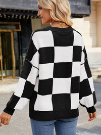 Hazel Blues® |  Checkered Round Neck Long Sleeve Sweater