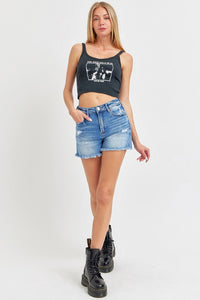 Hazel Blues® |  RISEN High Rise Distressed Raw Hem Denim Shorts