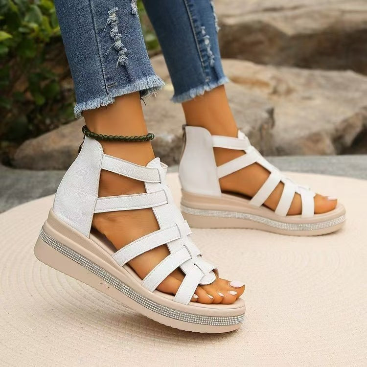 Hazel Blues® |  Cutout Rhinestone Trim Wedge Sandals