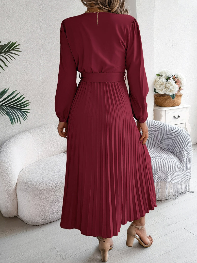 Hazel Blues® |  Pleated Tied V-Neck Long Sleeve Dress