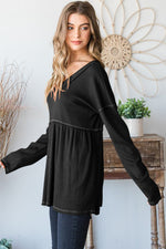 Hazel Blues® |  Heimish V-Neck Long Sleeve Ribbed Babydoll Top