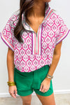 Hazel Blues® |  Pink Western Print Zipped Collar Short Sleeve Summer Blouse Top