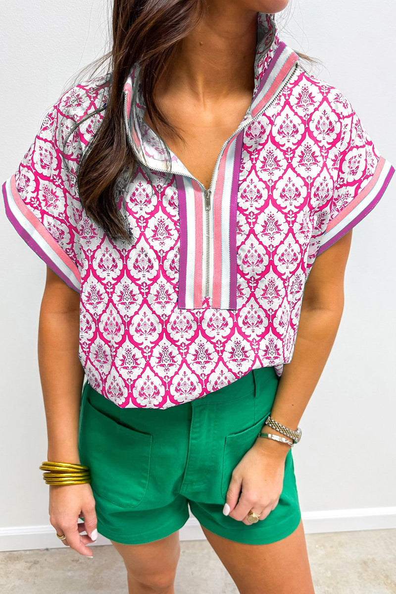 Hazel Blues® |  Pink Western Print Zipped Collar Short Sleeve Summer Blouse Top