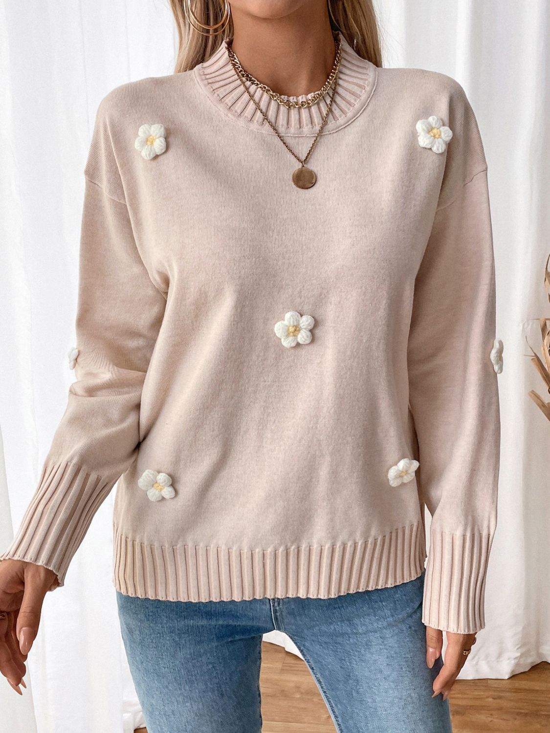 Hazel Blues® |  Perfee Flower Round Neck Long Sleeve Sweater