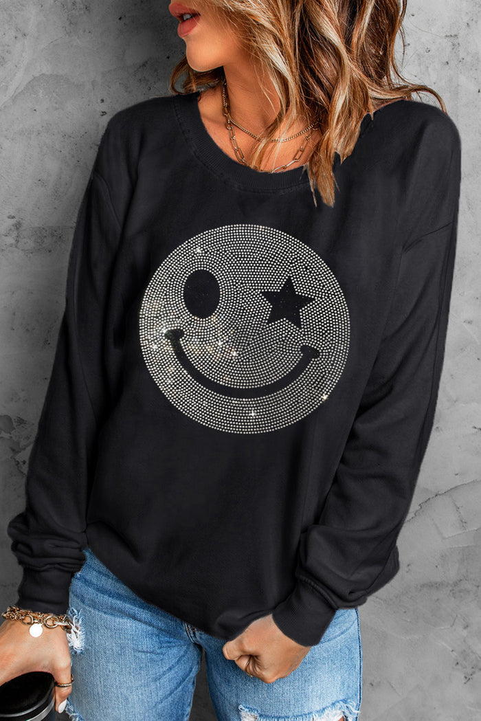 Hazel Blues® |  Rhinestone Smile Long Sleeve Sweatshirt