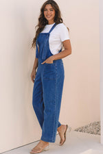 Hazel Blues® |  Prussian Blue Mineral Wash Knotted Strap Patched Pocket Wide Leg Denim Overall