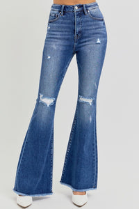 Hazel Blues® |  RISEN High Rise Distressed Raw Hem Flare Jeans