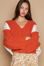 Hazel Blues® |  POL Cable Knit Quilting Patch V-Neck Contrast Sweater