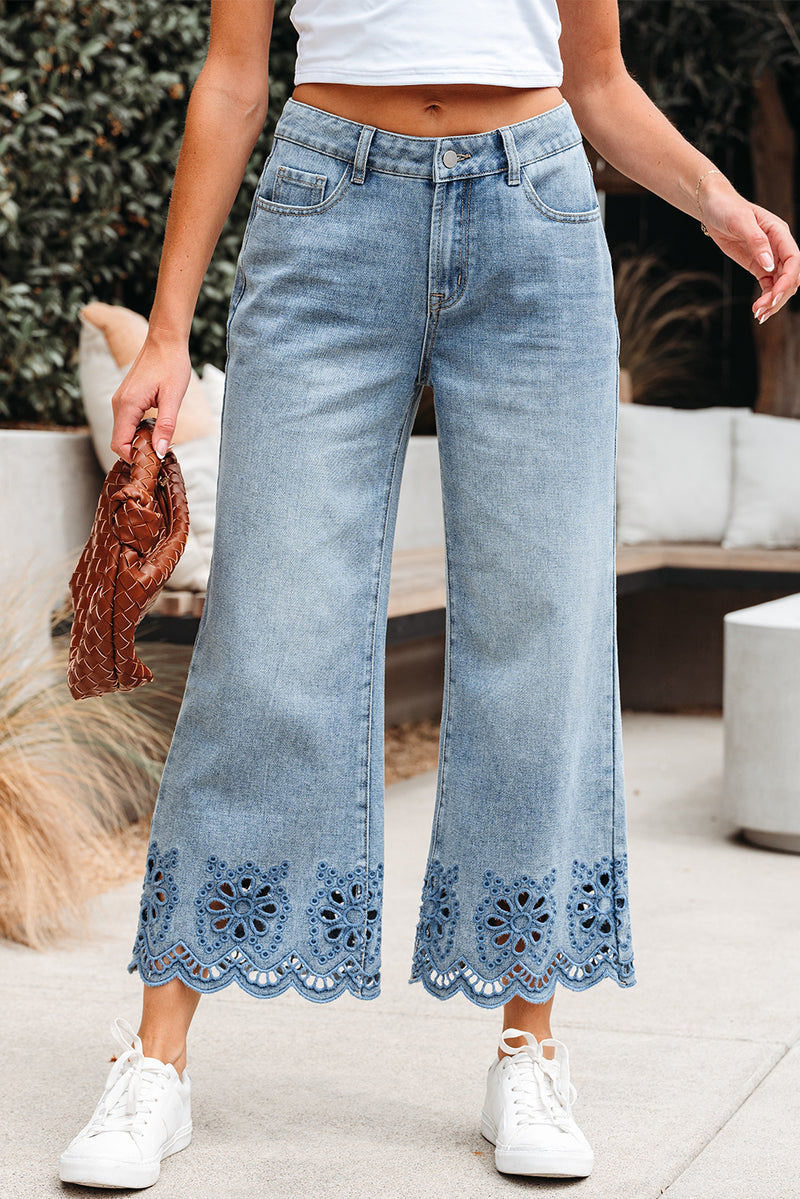 Hazel Blues® |  Dusk Blue Embroidered Cropped Wide Leg High Waist Jeans