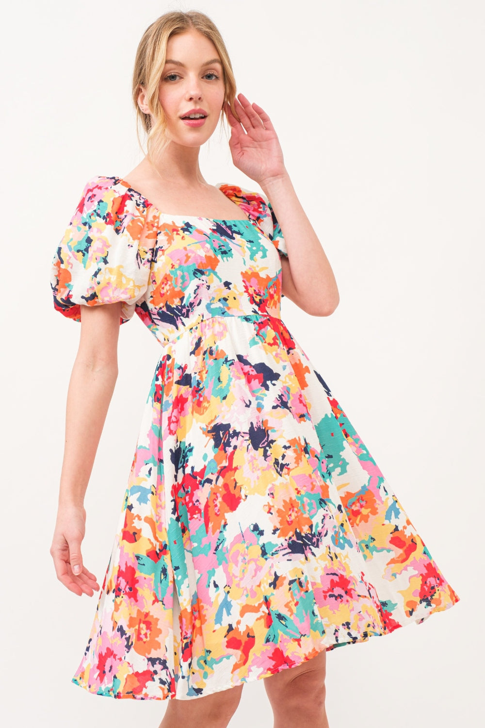 Hazel Blues® |  And The Why Square Neck Puff Sleeve Floral Dress