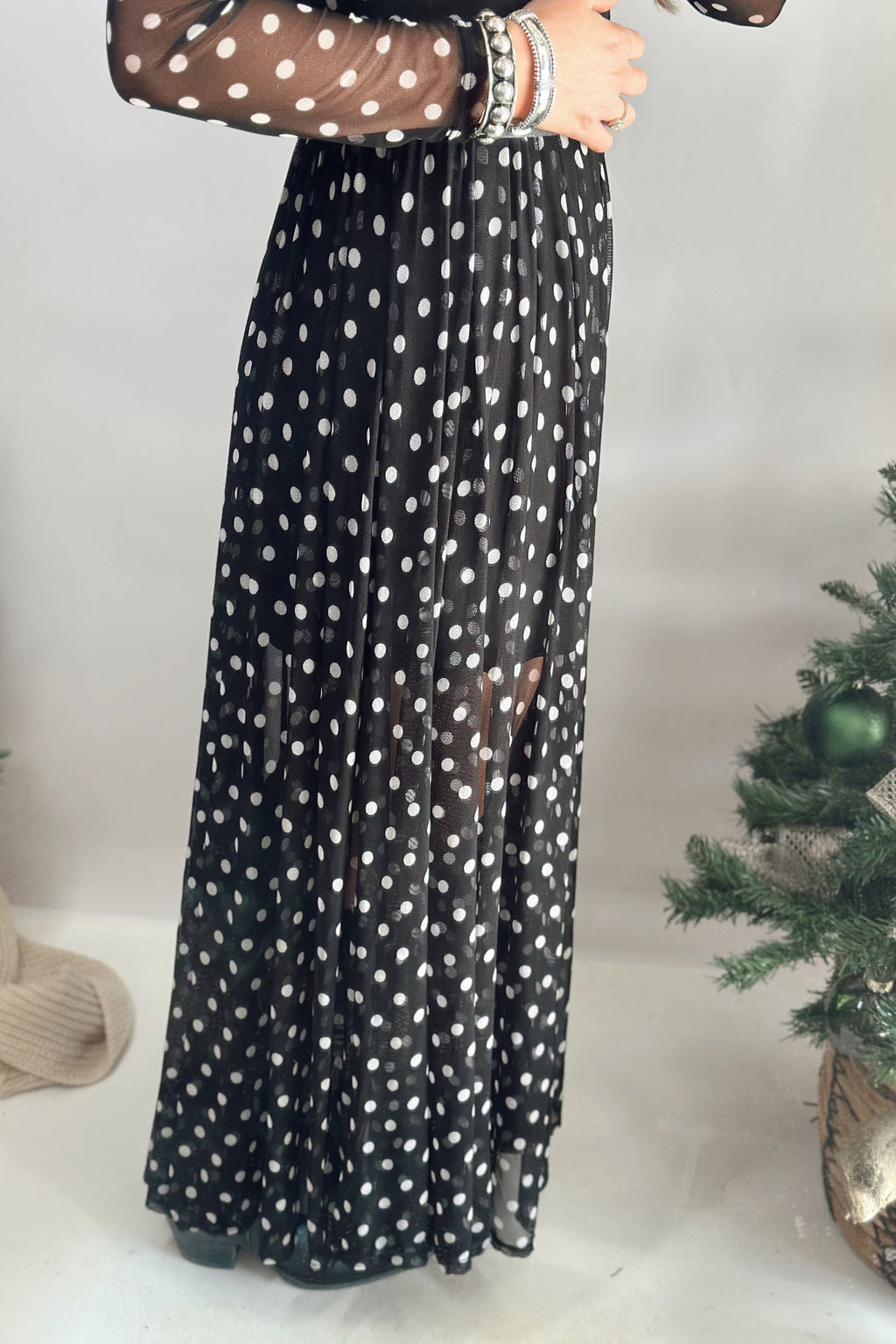 Blaire Wren Black Polka-Dot Mesh Dress Set