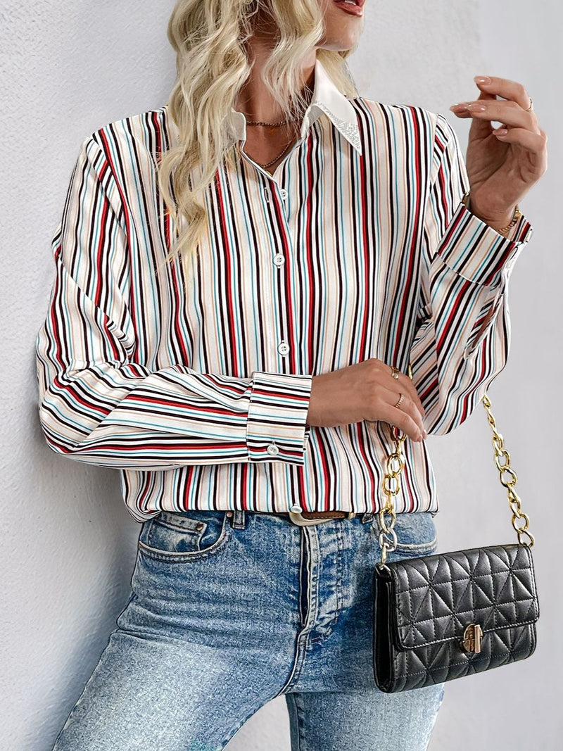 Hazel Blues® |  Perfee Contrast Striped Collared Neck Long Sleeve Shirt