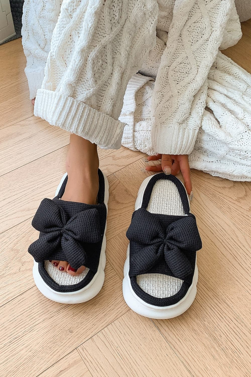 Hazel Blues® |  Bow Waffle-Knit Platform Slippers