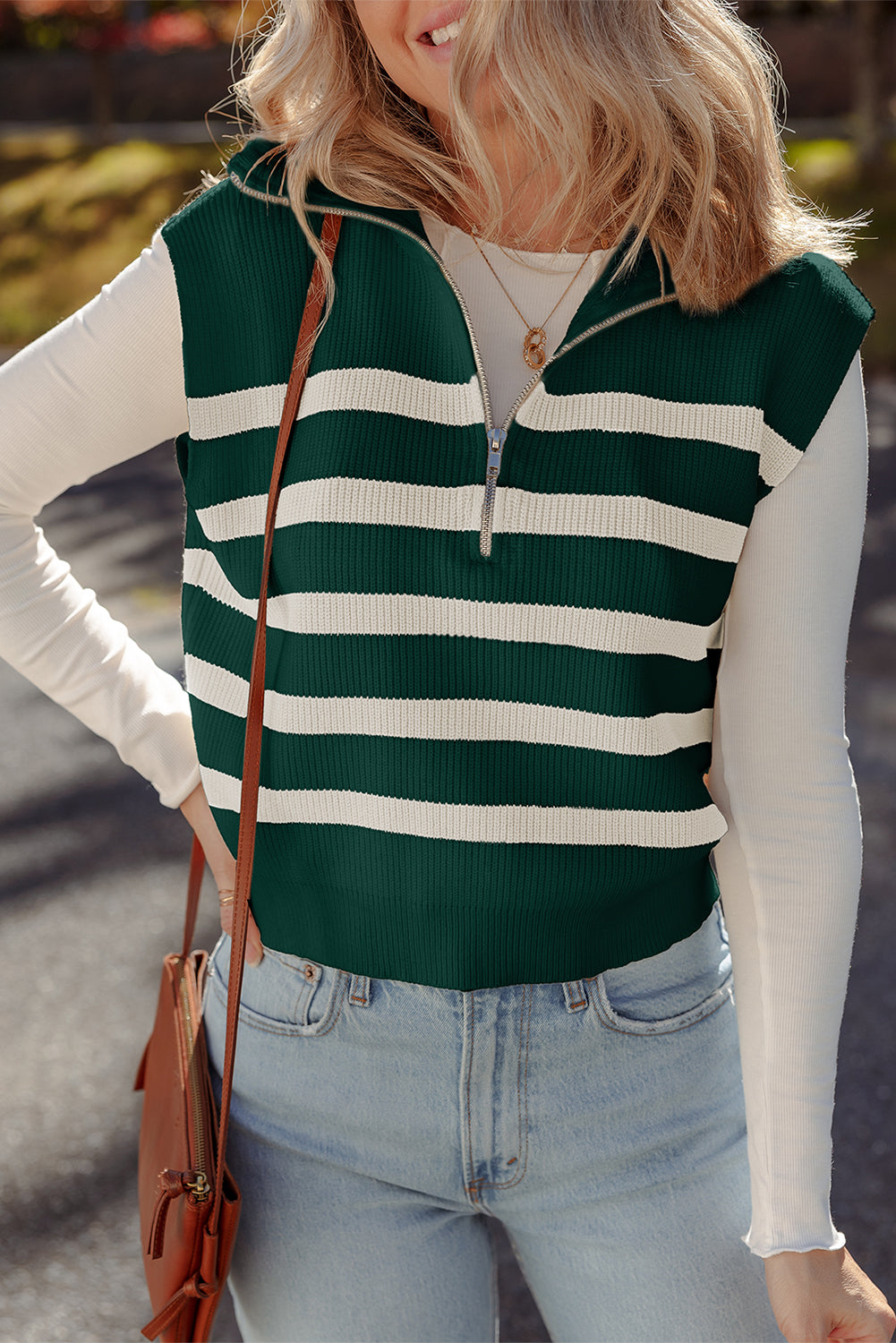 Blackish Green Ribbed Half-Zip Collared Sweater Vest