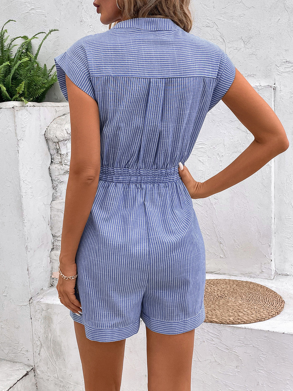 Hazel Blues® |  Striped Notched Tie Waist Romper