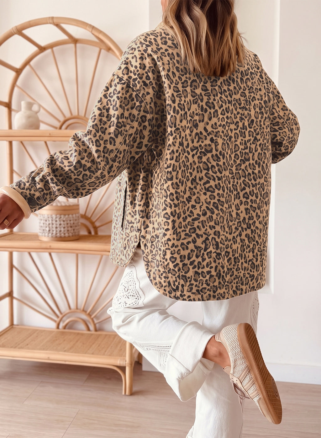 Khaki Leopard Print Collar Long Sleeve Patch Pocket Shift Denim Jacket