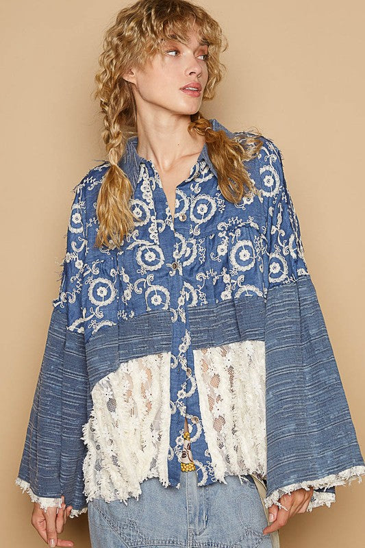 Hazel Blues® |  POL Lace Hem Embroidered Long Sleeve Shirt