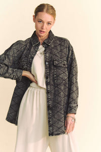 Hazel Blues® |  Davi & Dani Curved Hem Diamond Quilted Button Up Denim Shacket