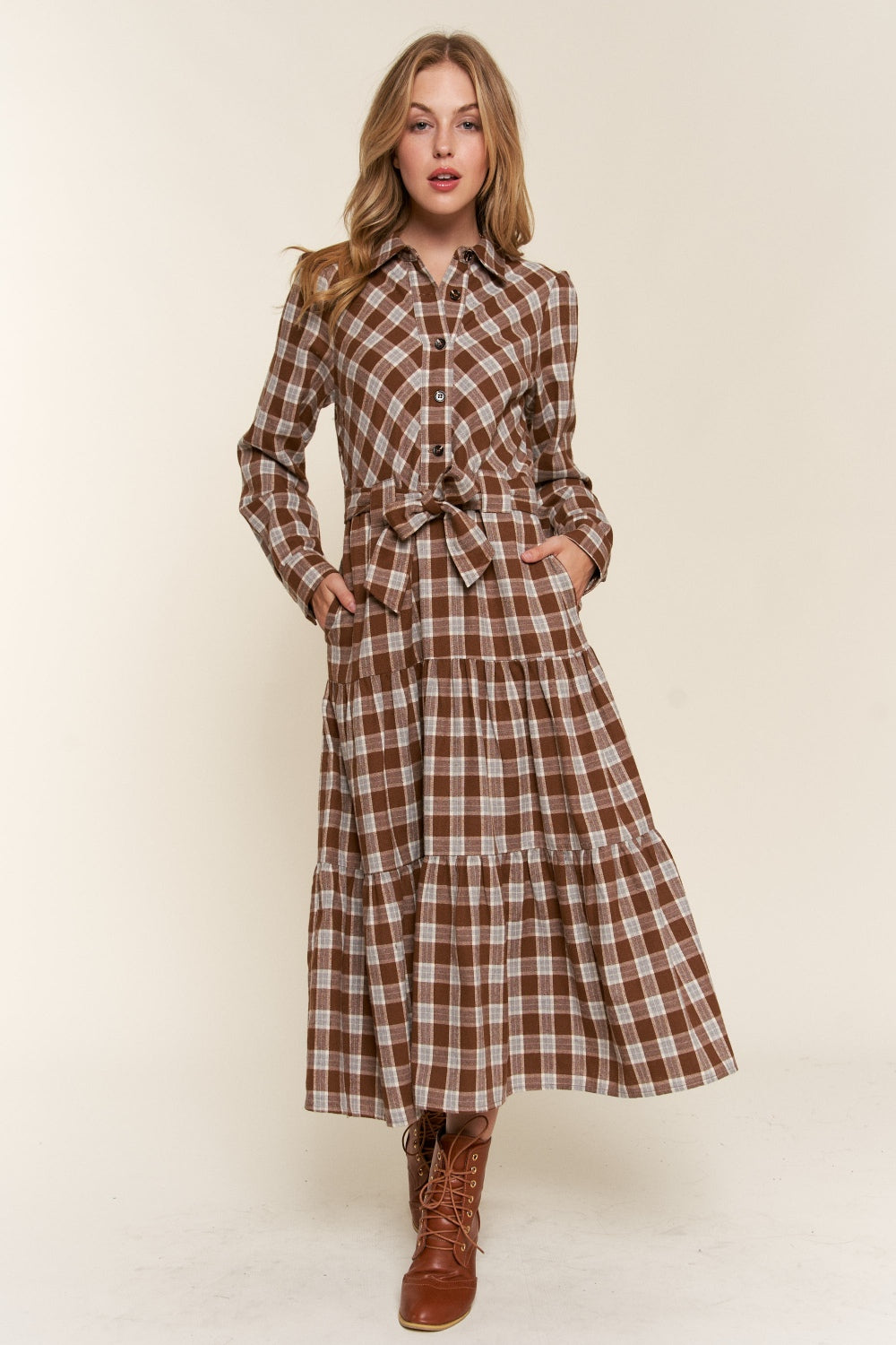 Hazel Blues® |  And the Why Plaid Tiered Midi Shirt Dress