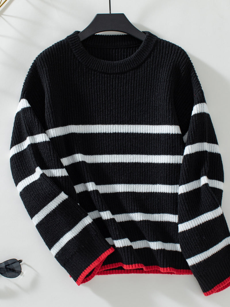 Hazel Blues® |  Striped Round Neck Dropped Shoulder Sweater