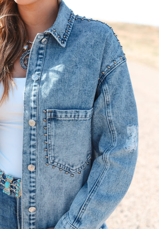 Hazel Blues® |  Studded Acid Wash Long Sleeve Denim Jacket