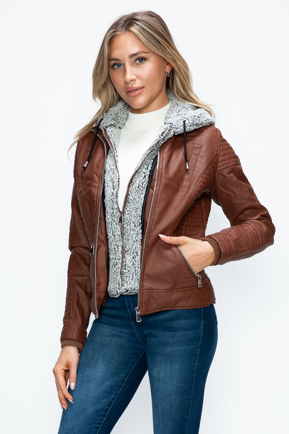 Hazel Blues® |  YMI Faux Layered Double-Zipper Jacket with Fuzzy Hood