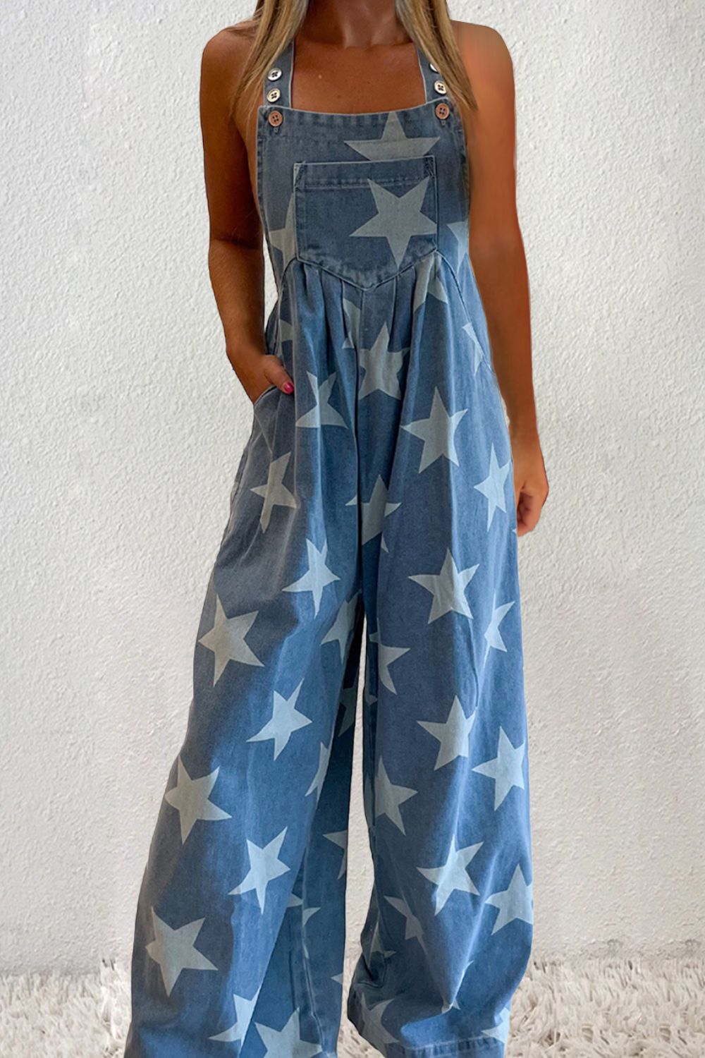 Hazel Blues® |  Star Square Neck Wide Leg Denim Overalls