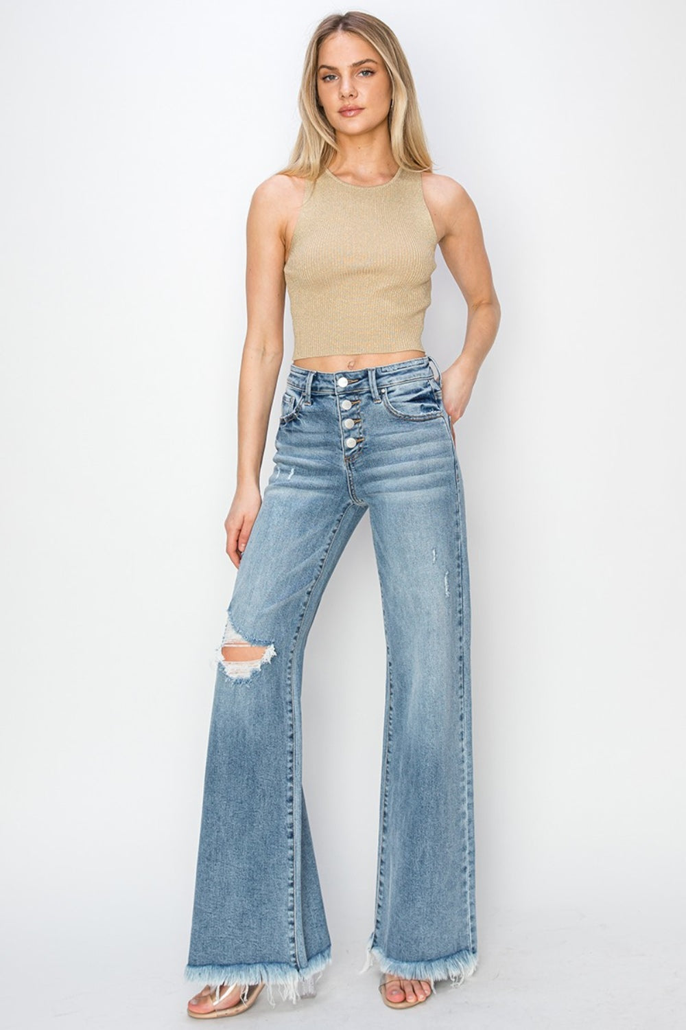 Hazel Blues® |  RISEN Mid Rise Button Fly Wide Leg Jeans