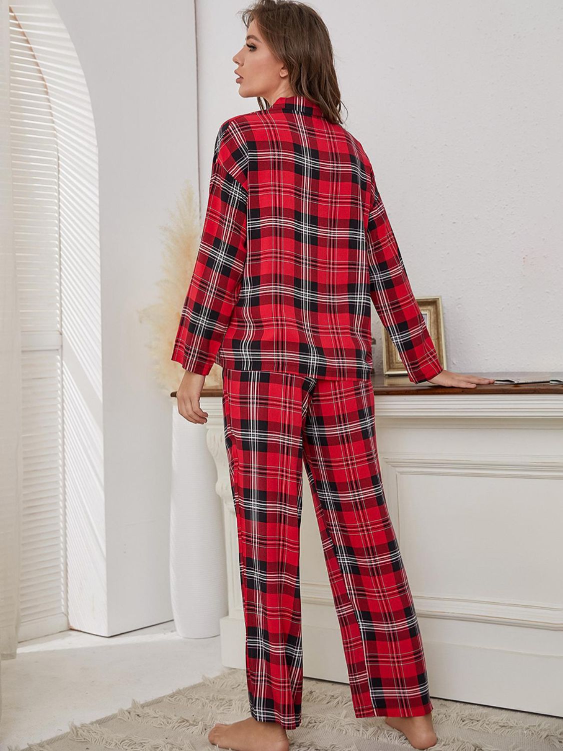 Hazel Blues® |  Plaid Collared Neck Long Sleeve Top and Pants Lounge Set