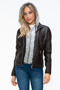 Hazel Blues® |  YMI Faux Layered Double-Zipper Jacket with Fuzzy Hood