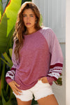 Hazel Blues® |  Black Contrast Print Striped Raglan Long Sleeve Loose Top