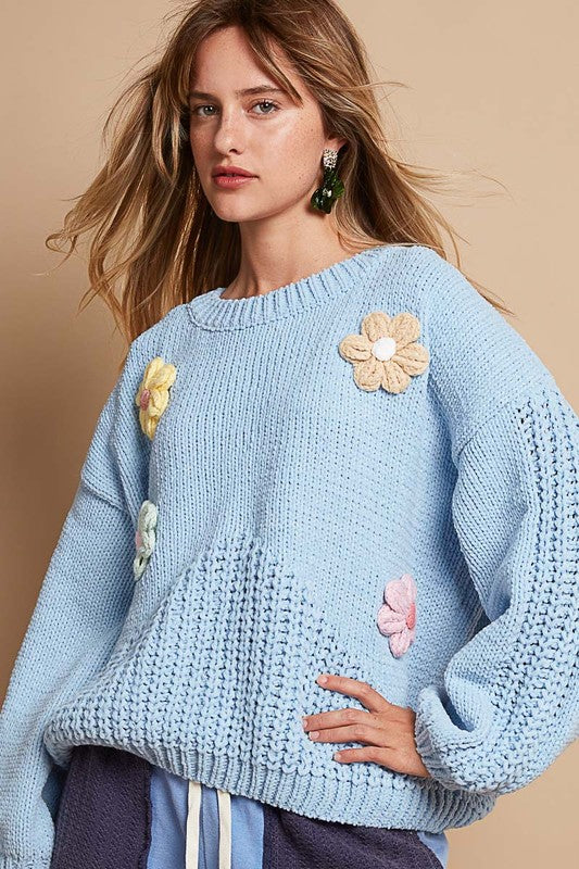 Hazel Blues® |  POL Crochet Flower Round Neck Dropped Shoulder Sweater