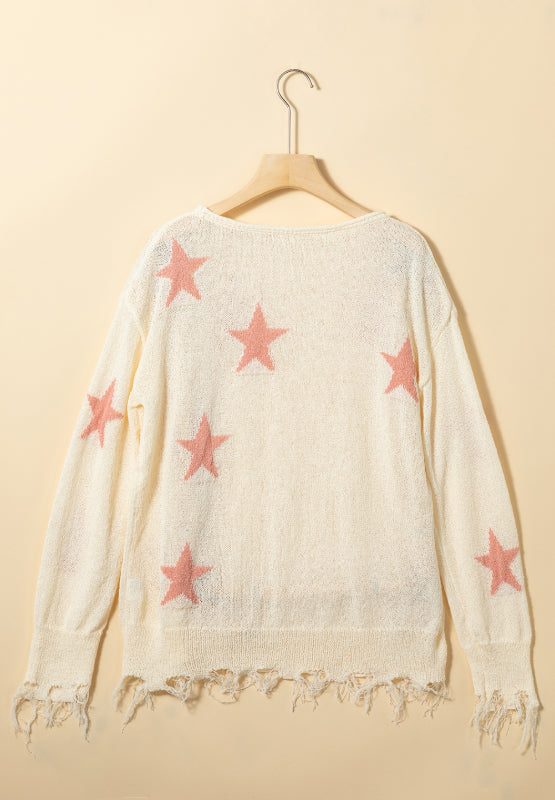 Hazel Blues® |  Contrast Star Raw Hem Long Sleeve Knit Top