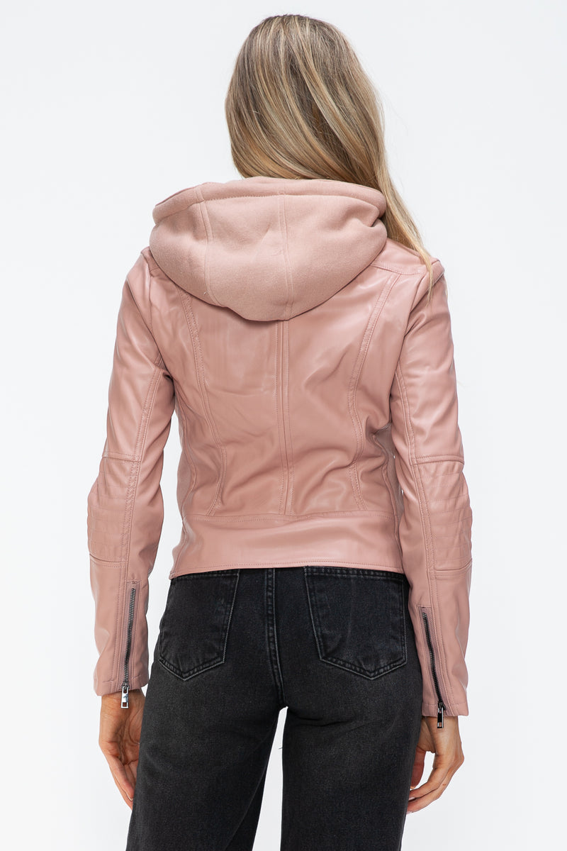 Hazel Blues® |  Snobbish Faux Leather Zip Up Drawstring Hooded Jacket