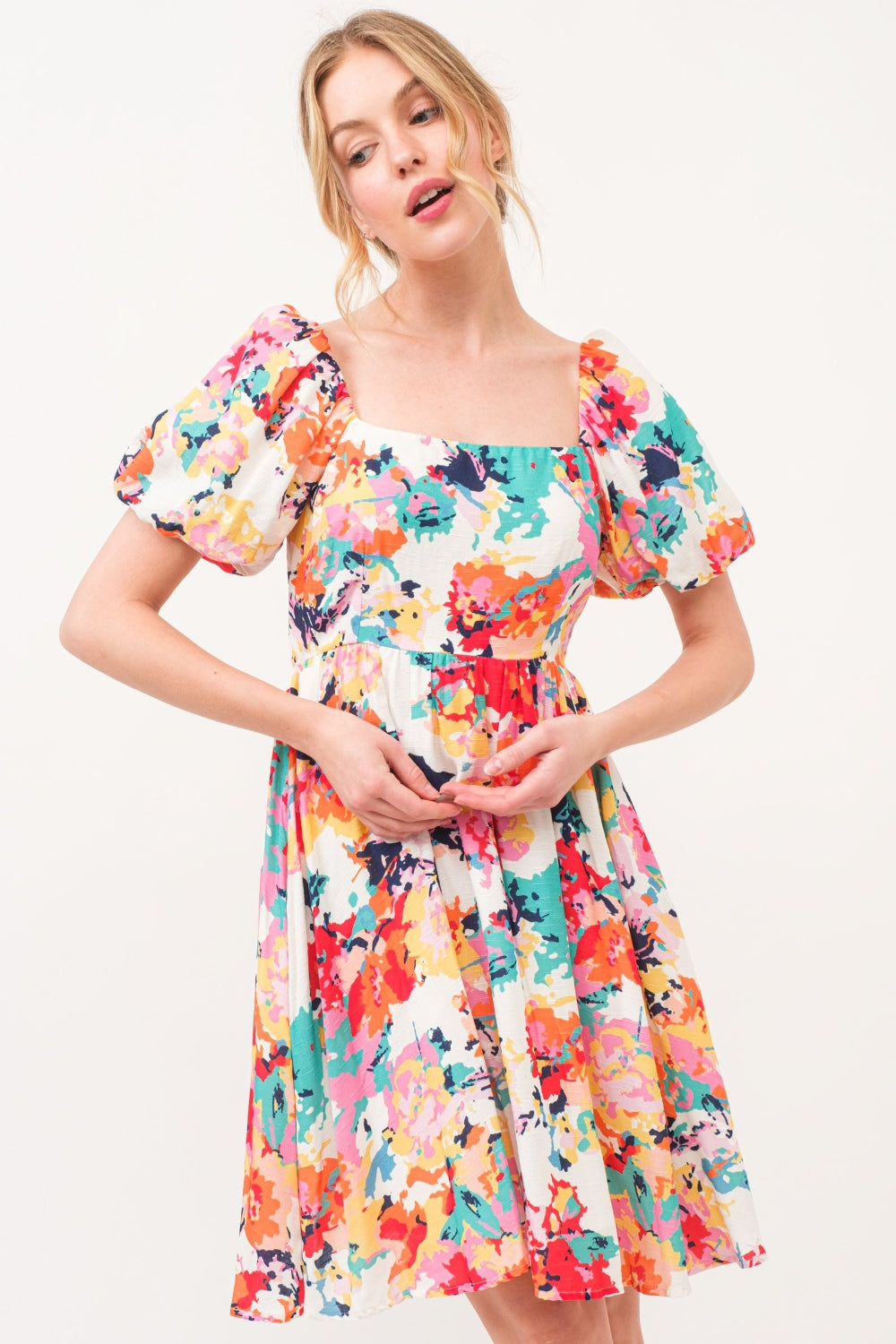 Hazel Blues® |  And The Why Square Neck Puff Sleeve Floral Dress