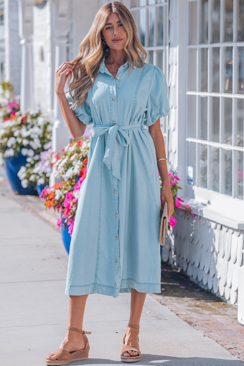 Full Buttons Collared Short Bubble Sleeve Long Denim Dre
