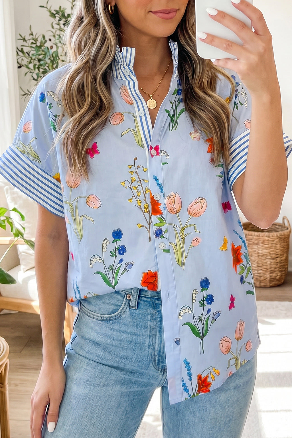 Floral Striped Patchwork Ruffled Collar Short Sleeve Shirt | Floral Striped Ruffle Shirt